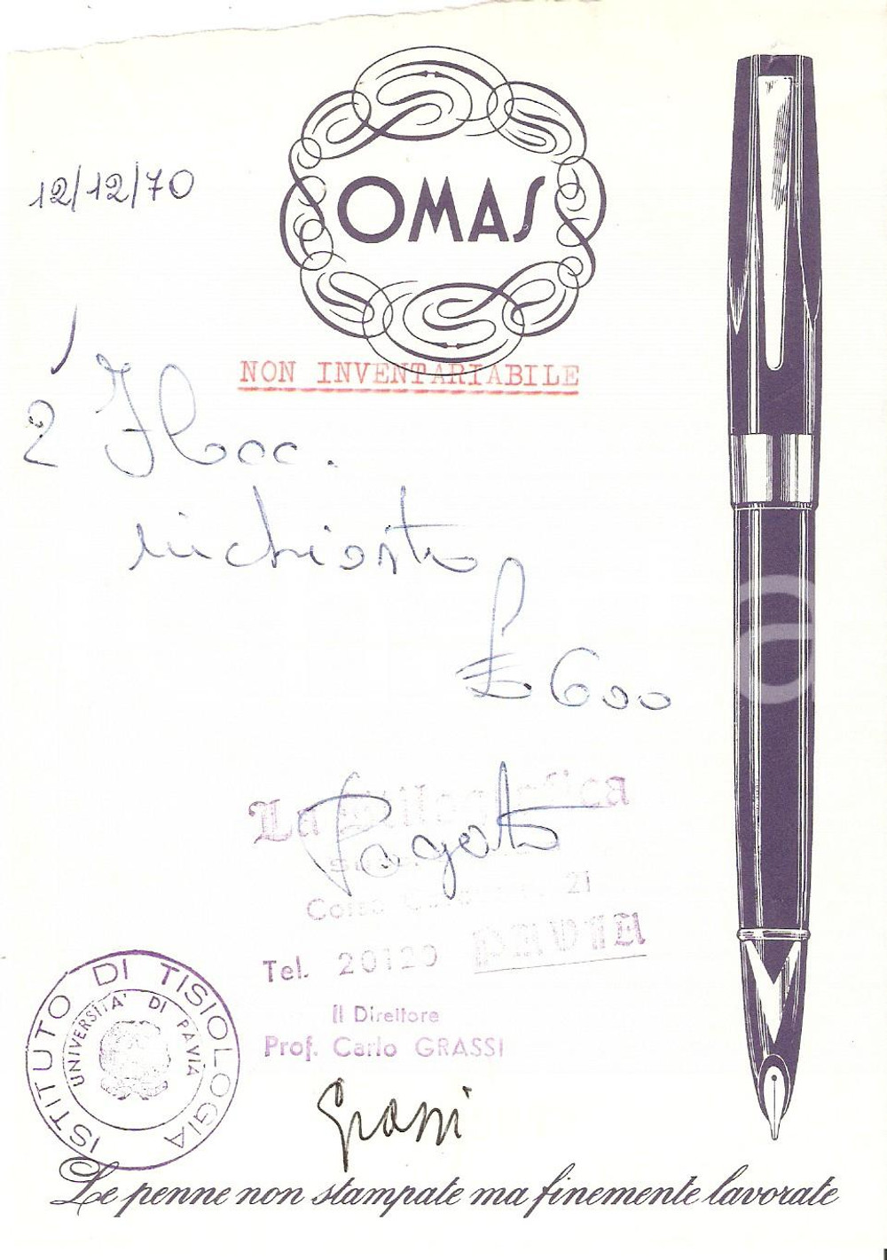 Materiale pubblicitario d’epoca 1970 PAVIA La Stilografica - Penne OMAS *Ricevuta ILLUSTRATA 12x17 1