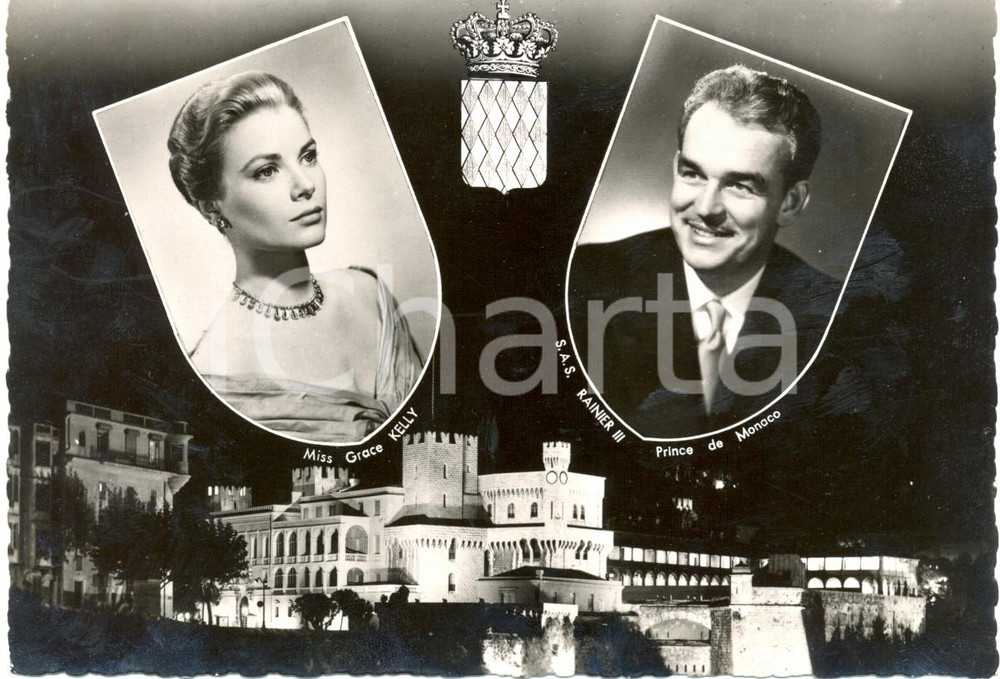 Cartolina originale da collezione 1956 PRINCIPATO MONACO Ritratti Principe RANIERI Grace KELLY dopo fidanzamento 1