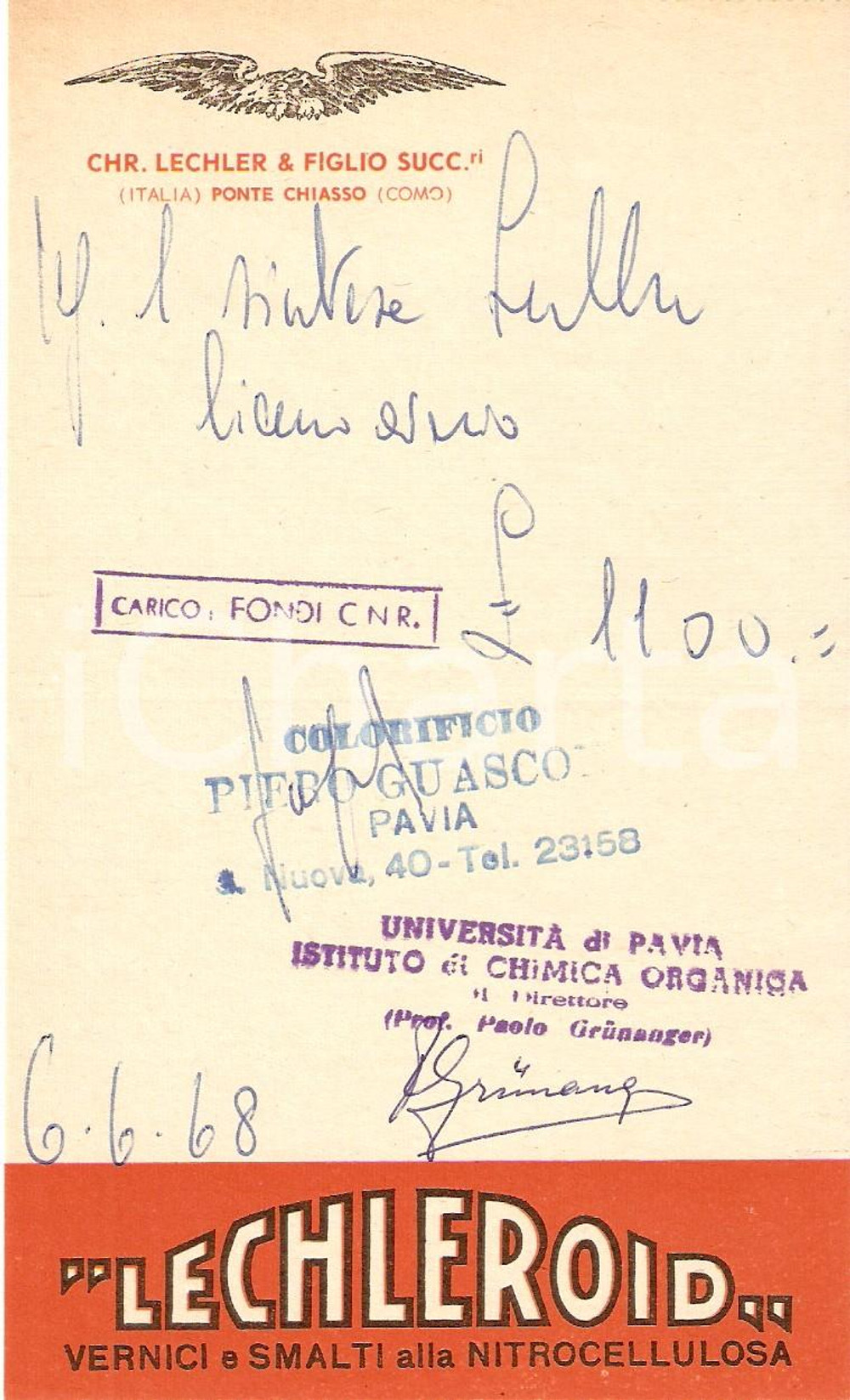 Materiale pubblicitario d’epoca 1967 PONTE CHIASSO (CO) LECHLER Smalti nitrocellulosa LECHLEROID *Ricevuta 12x17 1