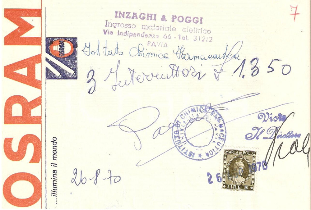 Materiale pubblicitario d’epoca 1970 PAVIA Ditta INZAGHI E POGGI Lampadine OSRAM *Ricevuta ILLUSTRATA 11x16 cm 1