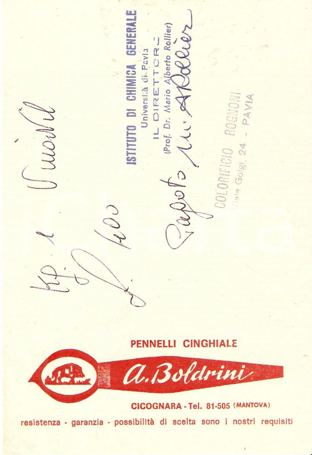 Materiale pubblicitario d’epoca 1965 PAVIA Colorificio ROGNONI Pennelli CINGHIALE Ditta BOLDRINI Ricevuta 10x15 1
