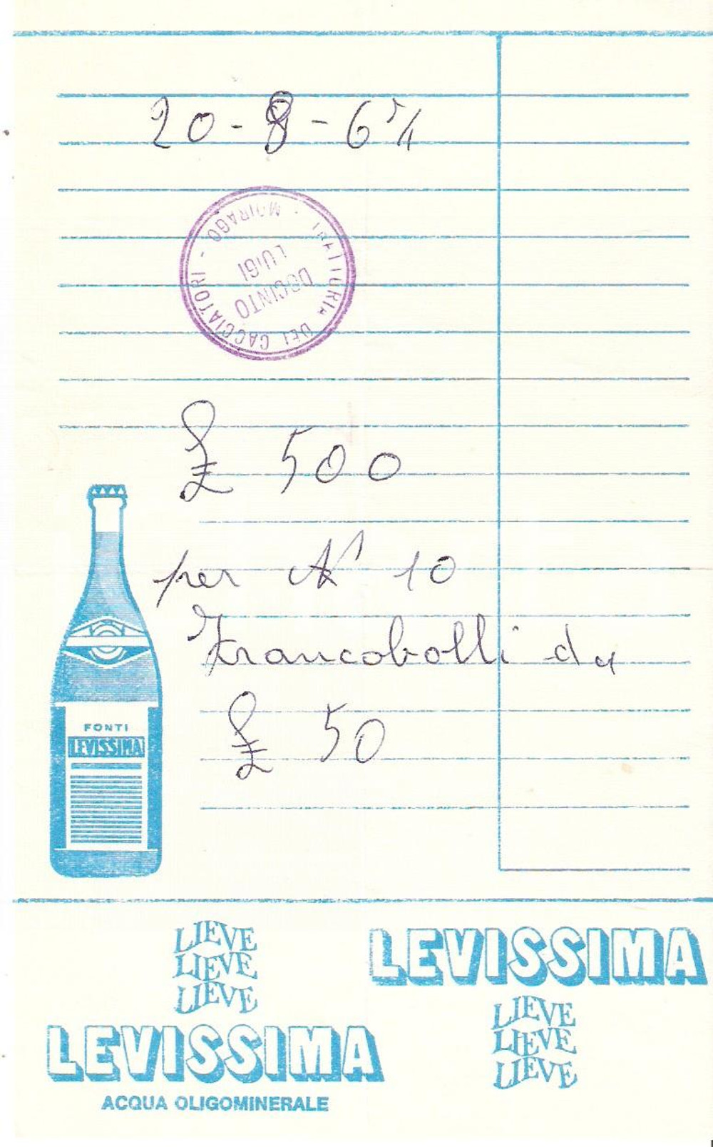 Materiale pubblicitario d’epoca 1967 MOIRAGO (MI) Trattoria dei cacciatori Acqua LEVISSIMA *Ricevuta 10x16 cm 1
