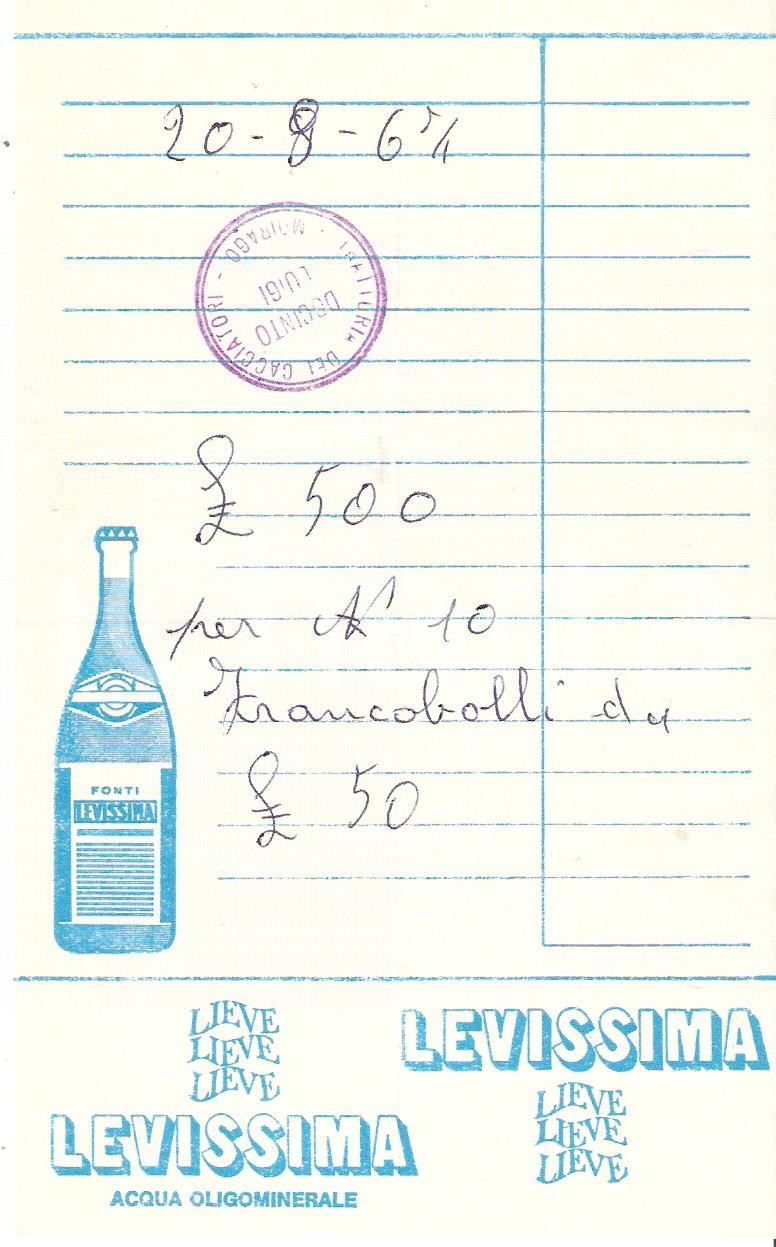Materiale pubblicitario d’epoca 1967 MOIRAGO MI Trattoria dei cacciatori Acqua LEVISSIMA Ricevuta 10x16 cm 1