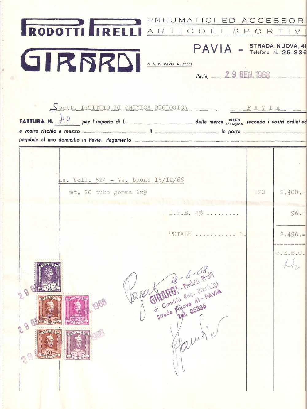 Materiale pubblicitario d’epoca 1968 PAVIA Pneumatici e articoli sportivi PIRELLI Ferramenta GIRARDI *Fattura 1