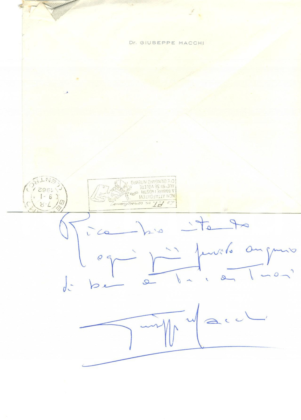 Autografo originale 1962 NOVARA Giuseppe MACCHI Vecchi amici si chiudono nel guscio *AUTOGRAFO 1