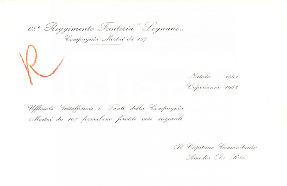 Oggetto da collezione cartaceo 1961 BERGAMO 68Â° Reggimento Fanteria LEGNANO Capitano Amedeo DE RITO Biglietto 1
