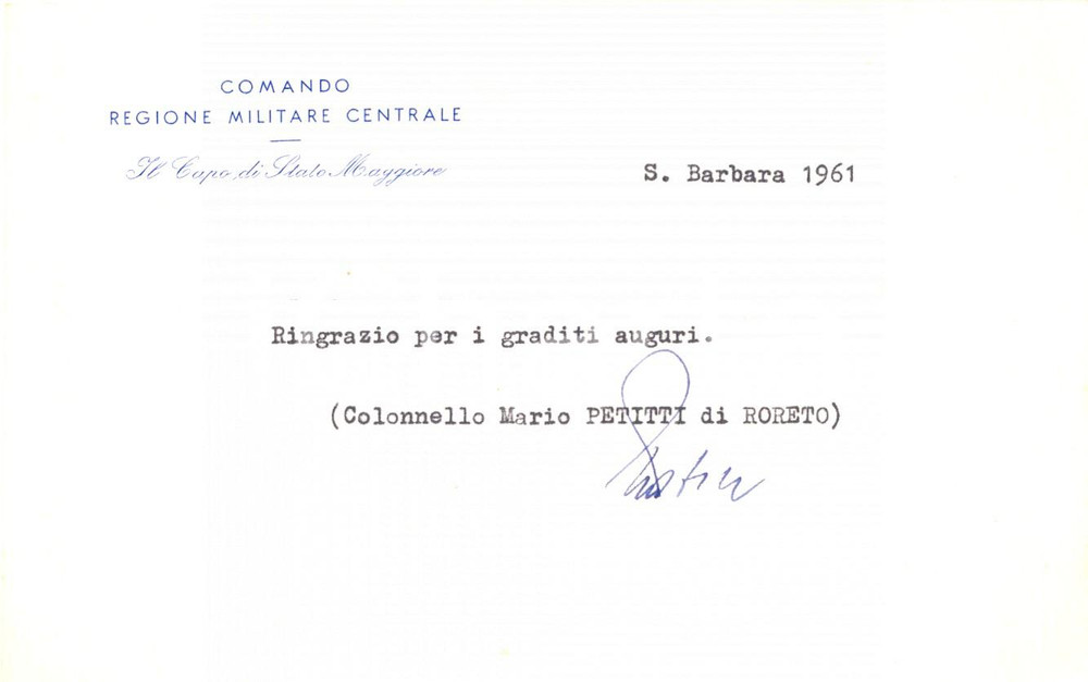 Autografo originale 1961 ROMA Mario PETITTI DI RORETO Comandante Regione Militare Centrale AUTOGRAFO 1