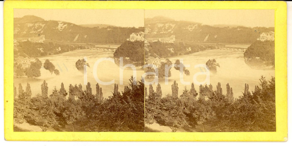Fotografia d epoca originale 1880 Neuhausen am Rheinfall CH SCIAFFUSA Cascate sul Reno Stereoscopica 18x9 1