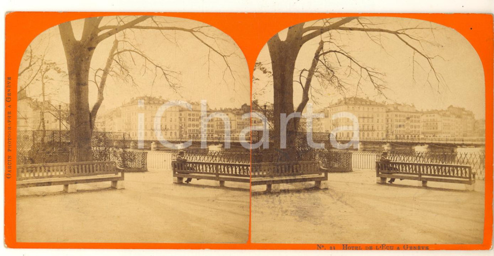 Fotografia d epoca originale 1870 GENEVE Hotel de l Ecu  ANIMATED Stereoview GARCIN 1
