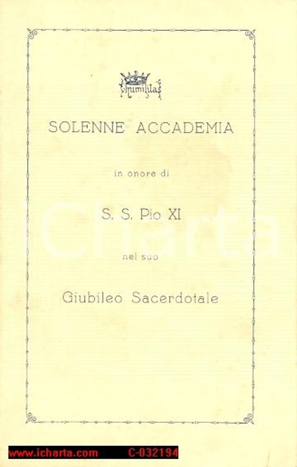 Oggetto da collezione cartaceo 1929 MILANO Programma concerto per Giubileo Sacerdotale PIO XI*SOLENNE ACCADEMIA 1
