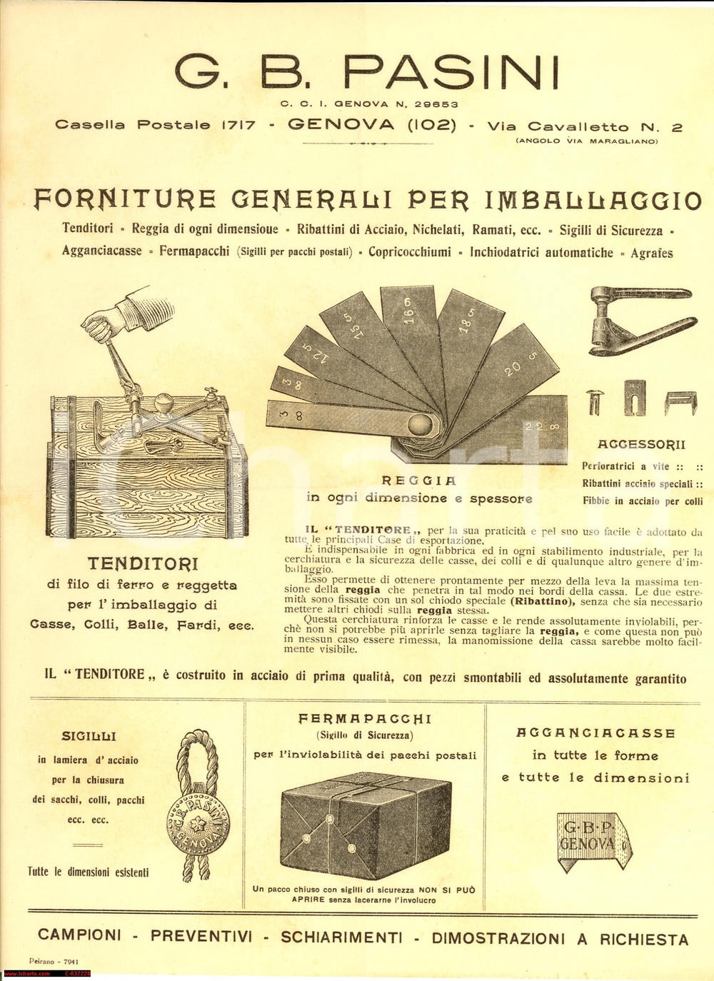 Materiale pubblicitario d’epoca 1930 ca GENOVA Via Cavalletto 2 Ditta PASINI Forniture per imballaggio 1