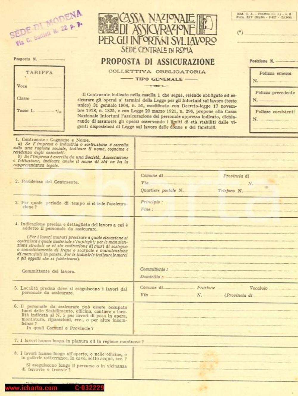 Documento originale, autentico 1925 ca MODENA Contratto Cassa Nazionale per Infortuni sul Lavoro *Documento 1
