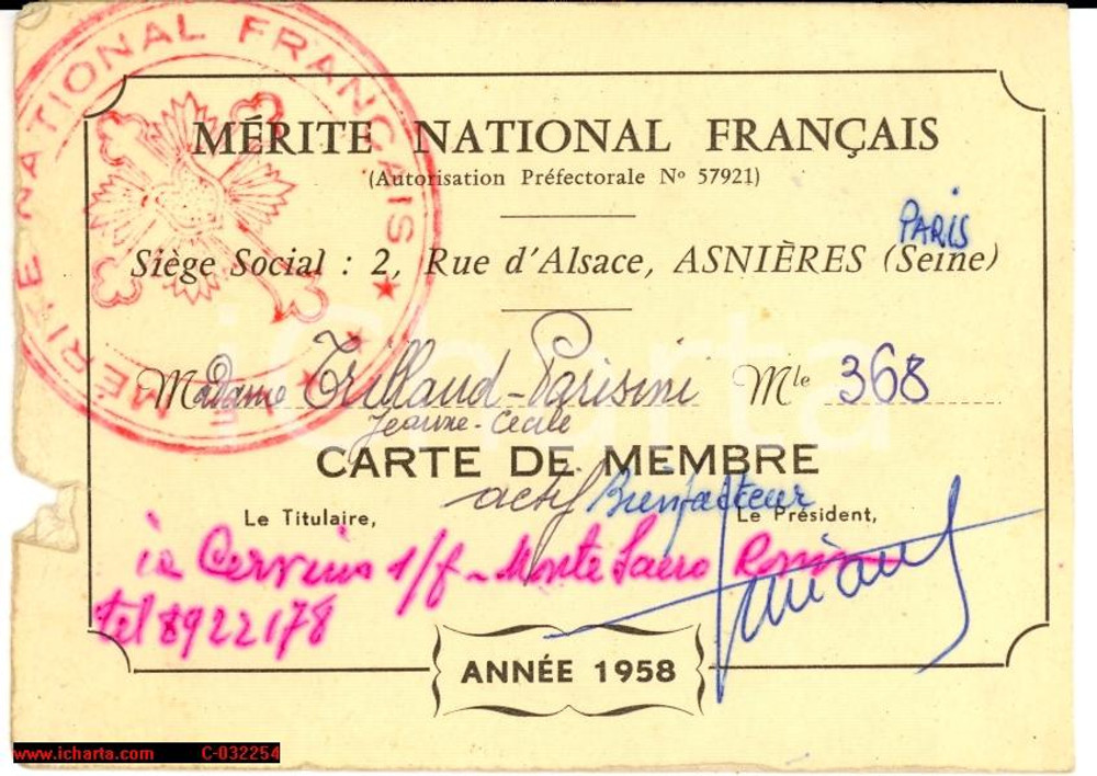 Oggetto da collezione cartaceo 1958 MÃ©rite National FranÃ§ais CÃ©cile TRILLAND-PARISINI 1