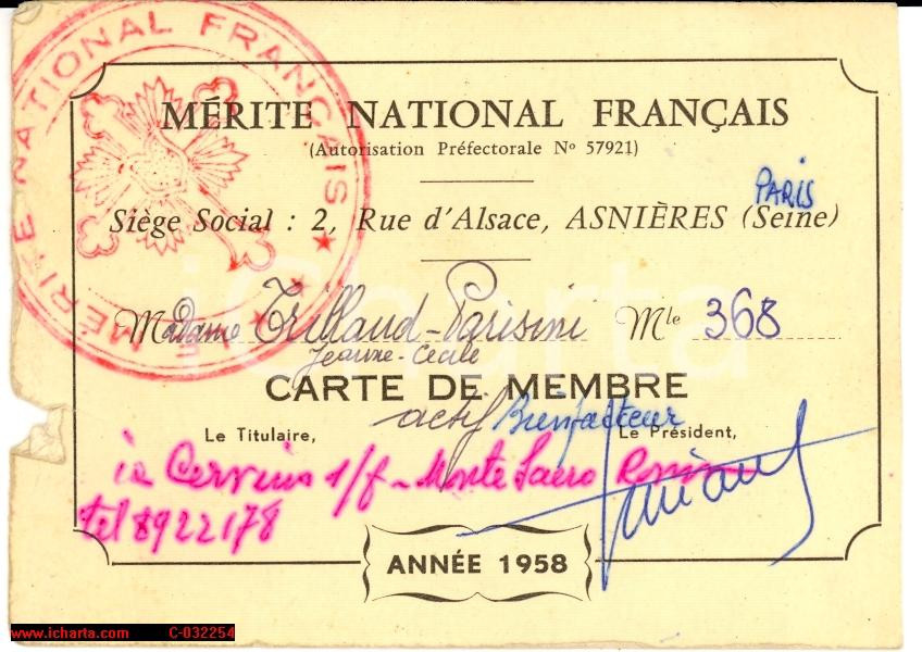 Oggetto da collezione cartaceo 1958 Paris – Mérite National Français, Cécile TrillandParisini Tessera 1