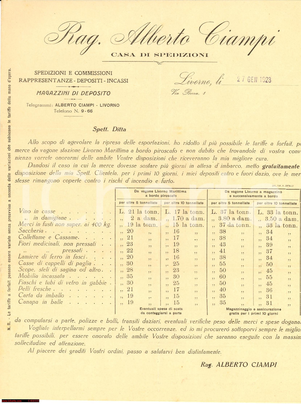 Documento originale, autentico 1923 LIVORNO Rag. Alberto CIAMPI Casa di spedizioni dal porto 1