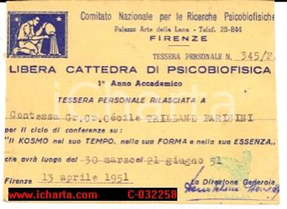 Oggetto da collezione cartaceo 1951 FIRENZE CÃ©cile TRILLAND PARISINI Psicobiofisica sul Kosmos 1