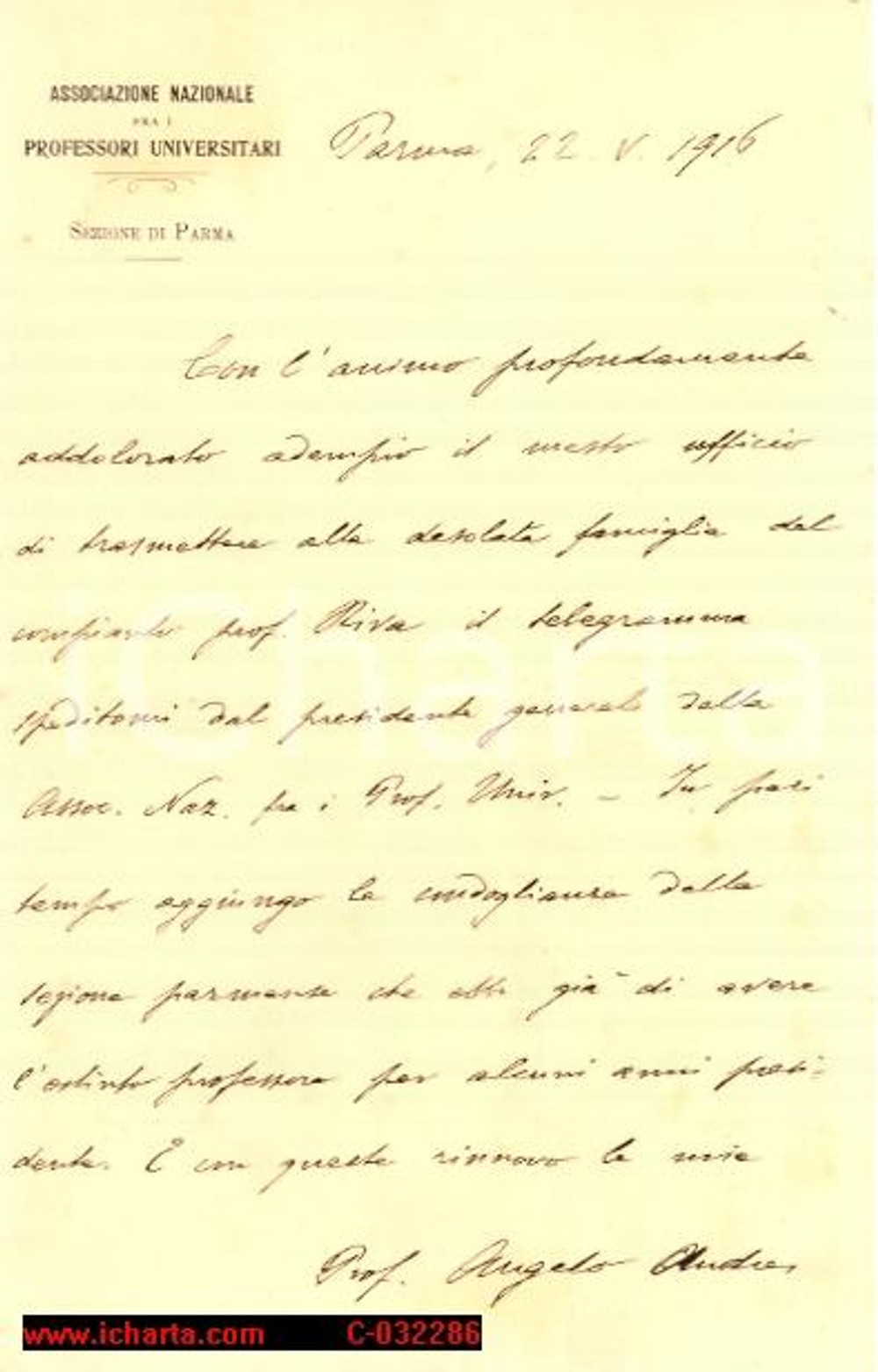 Manoscritto, lettera originale 1916 ANGELO ANDRES manoscritto memoria prof. RIVA 1