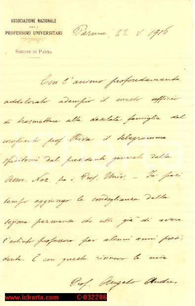 Manoscritto, lettera originale 1916 ANGELO ANDRES manoscritto memoria prof. ALBERTO RIVA 1