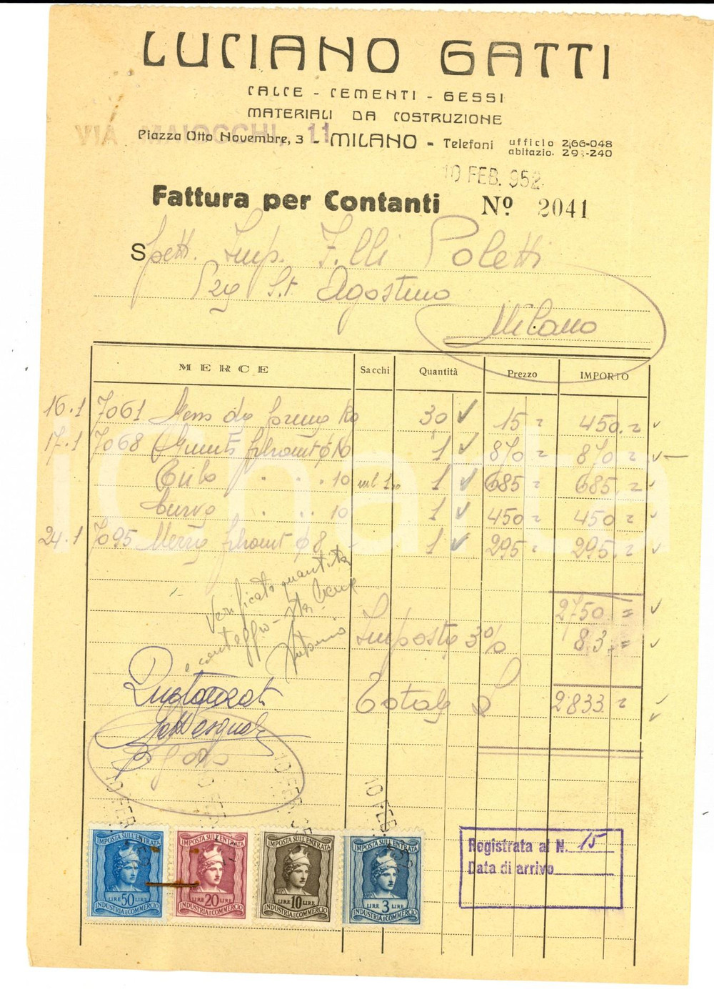 Documento originale, autentico 1952 MILANO Ditta Luciano GATTI - Calce e cementi *Fattura con bolli 1