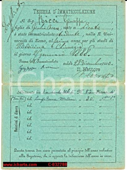 Oggetto da collezione cartaceo 1888 Tessera Università  Roma VALENTINO CERRUTI autografo 1