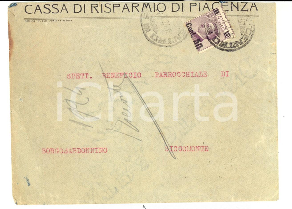 Cartolina originale da collezione 1924 STORIA POSTALE Cassa Risparmio PIACENZA *Busta Michetti sovrastampa c. 50 1