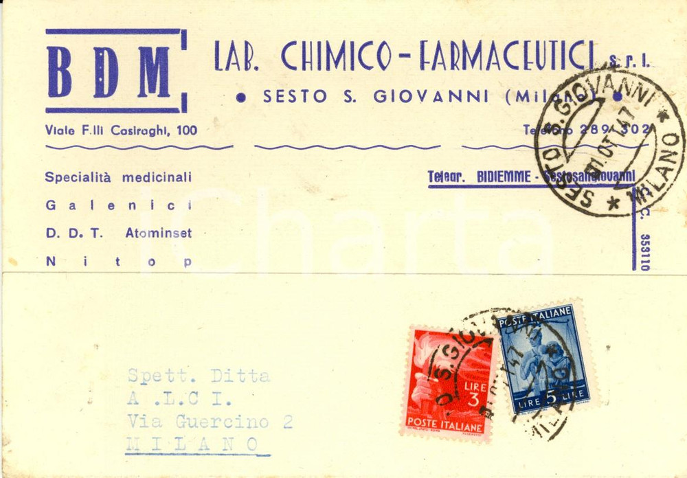 Cartolina originale da collezione 1947 BDM Lab. farmaceutico SESTO SAN GIOVANNI fg 1
