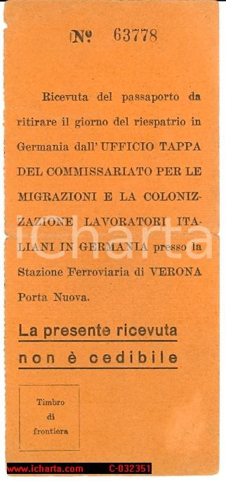 Oggetto da collezione cartaceo 1943 ? Lavor.italiani Germania, ricev.passaporto 1