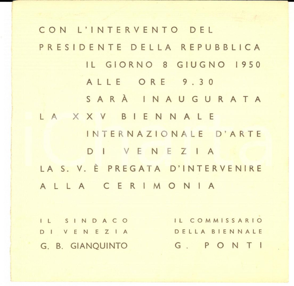 Oggetto da collezione cartaceo 1950 XXV BIENNALE DI VENEZIA Invito per l'inaugurazione 13x13 cm 1