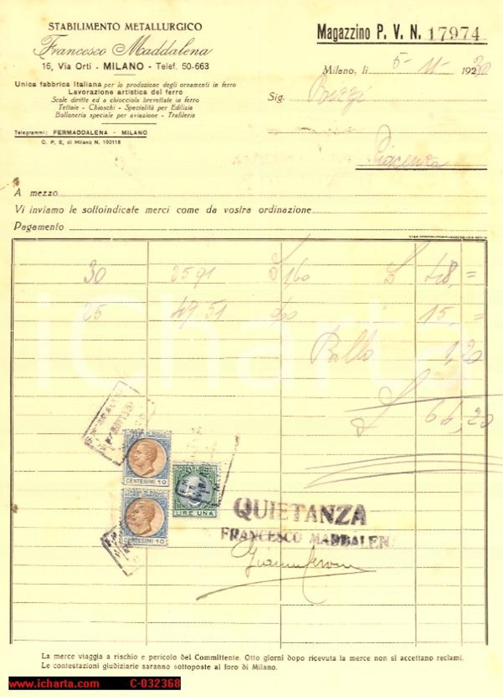 Manoscritto, lettera originale 1930 Metallurgica Fr.sco Maddalena Milano, fattura 1