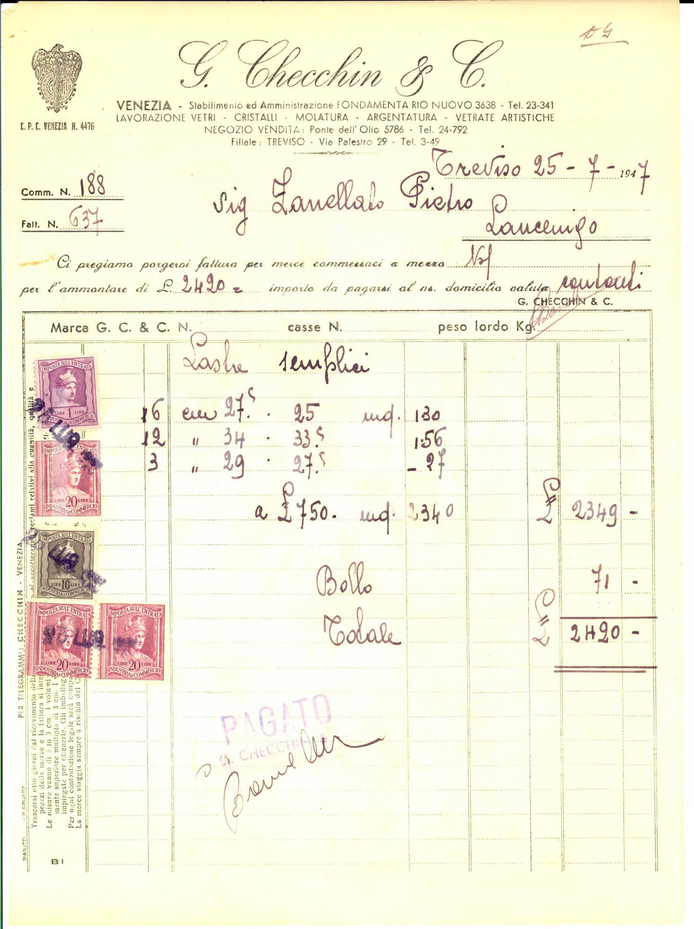 Documento originale, autentico 1947 TREVISO Ditta G. CHECCHIN & C. Lavorazione vetri Fattura per lastre 1