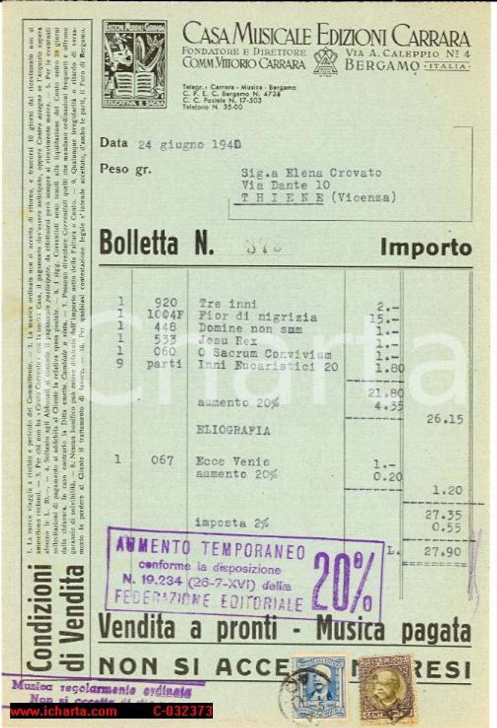 Documento originale, autentico Fattura Casa Musicale Edizioni Carrara 1