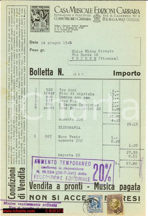 Documento originale, autentico 1940 BERGAMO Casa Musicale Edizioni Carrara Fattura acquisto spartiti 1