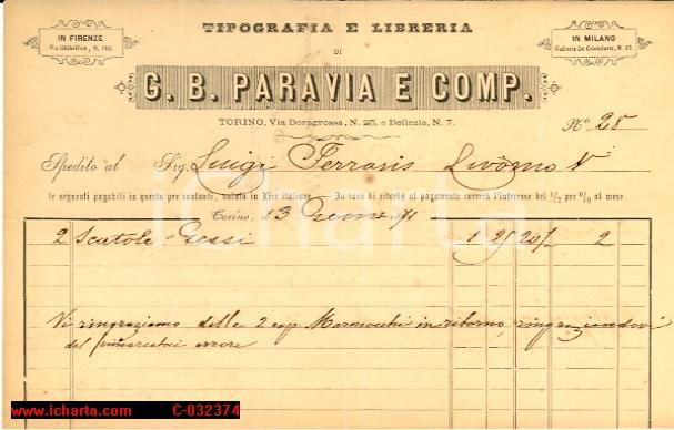 Documento originale, autentico 1871 TORINO Tipografia G.B. PARAVIA E COMP. Torino  fattura 1
