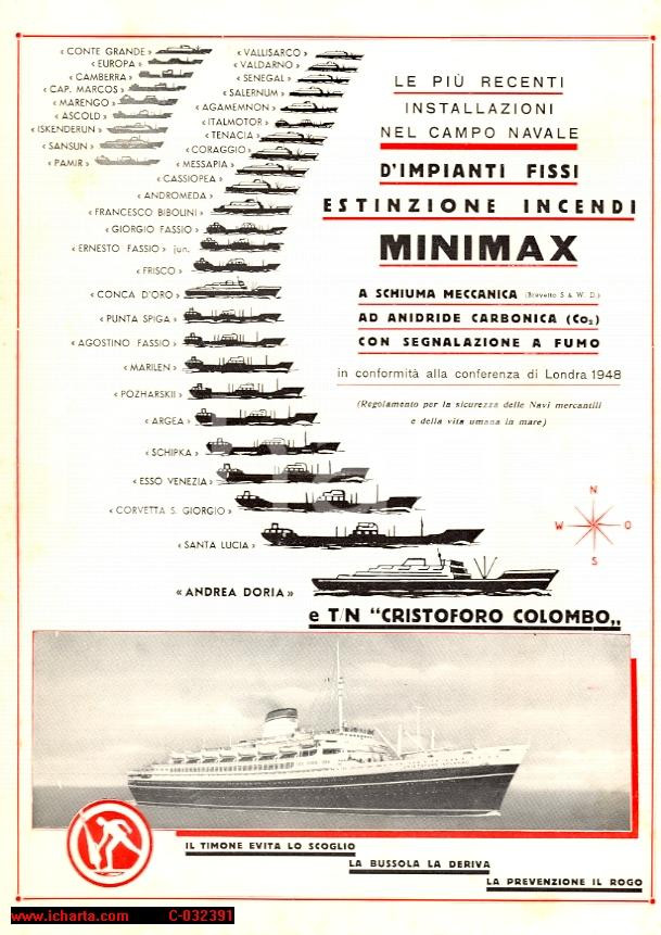 Materiale pubblicitario d’epoca 1950 MINIMAX estintori nave Andrea Doria Reclame epoca 1