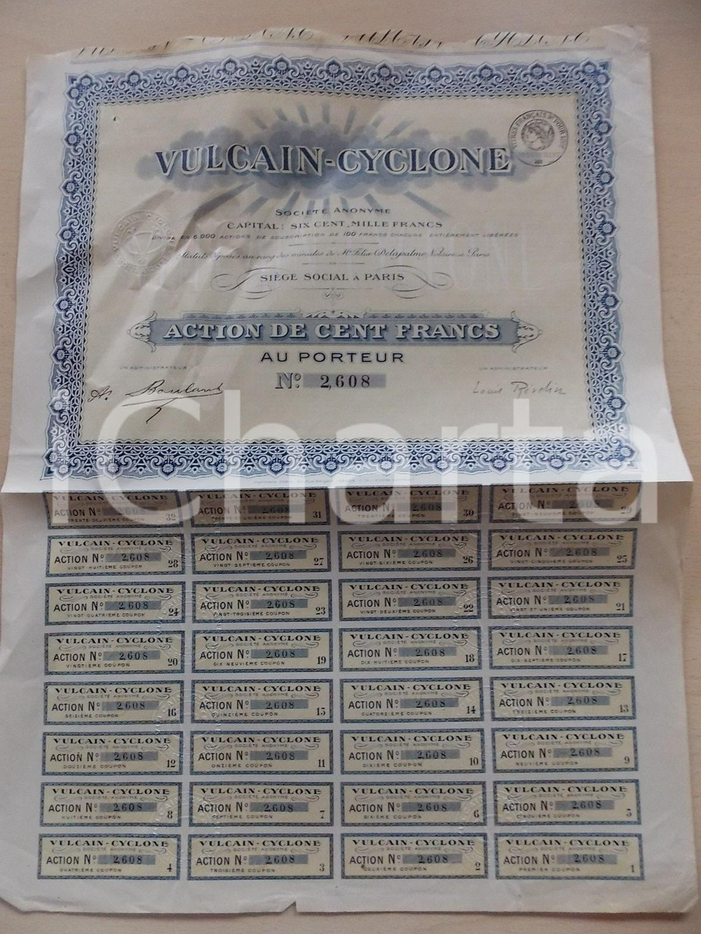 Oggetto da collezione cartaceo 1935 ca PARIS SociÃ©tÃ© Anonyme VULCAIN-CYCLONE Action cent francs *Certificat 1
