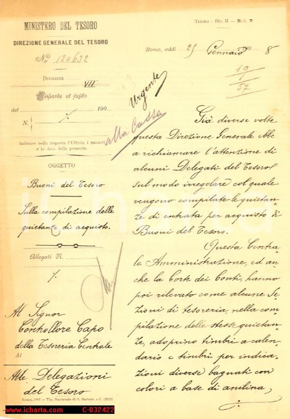 Documento originale, autentico 1908 ROMA Quietanze per Buoni del TESORO vanno compilate con inchiostro nero 1