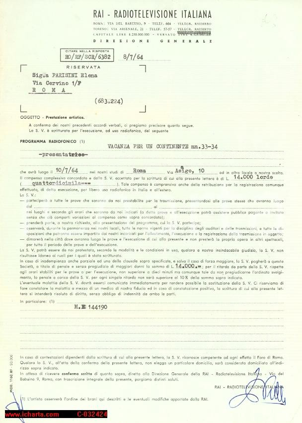 Documento originale, autentico 1964 ROMA Elena PARISINI scritturata presentatrice RAI 1