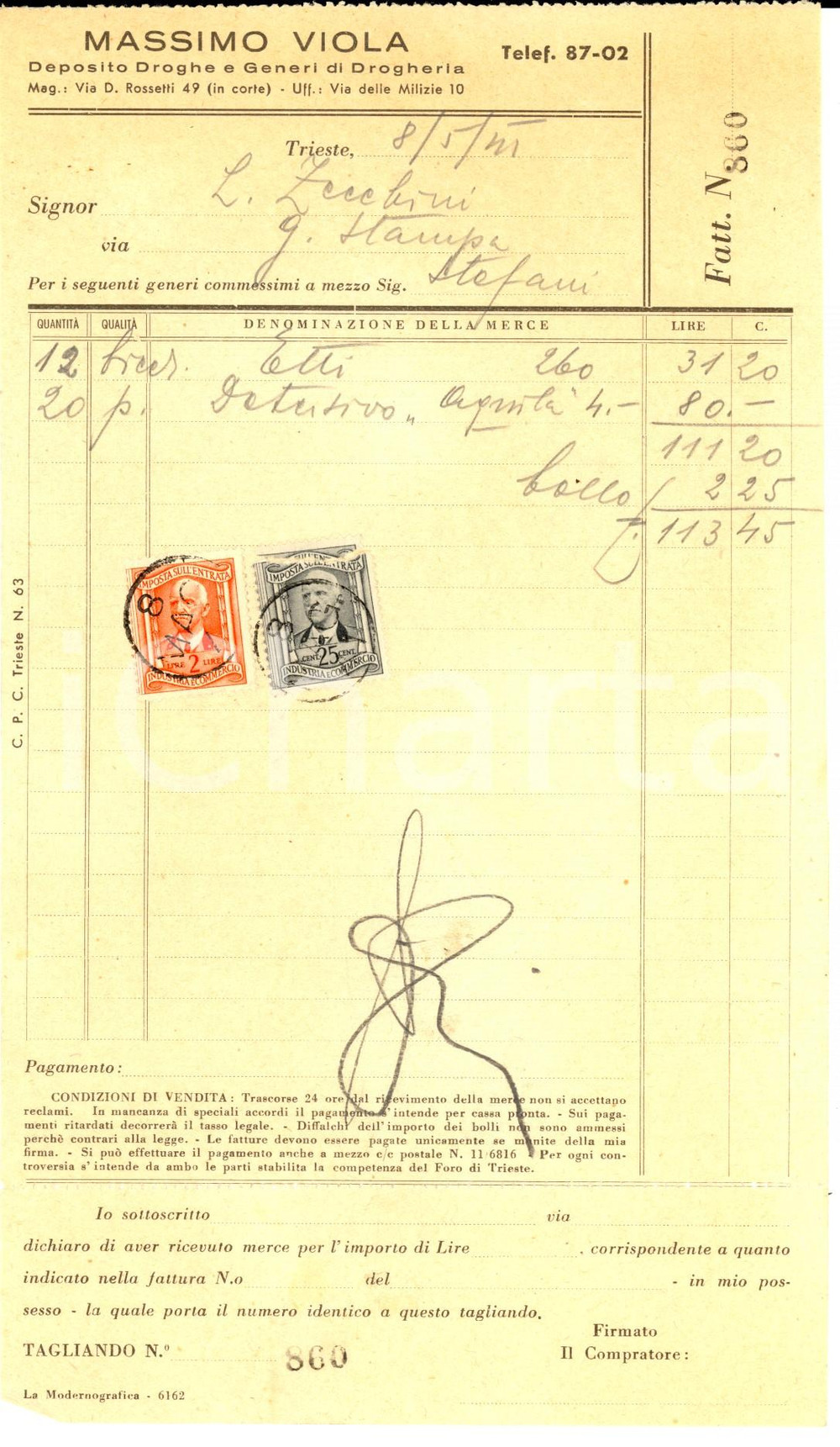 Documento originale, autentico 1925 TRIESTE Deposito droghe Massimo VIOLA  Fattura intestata con bolli 1