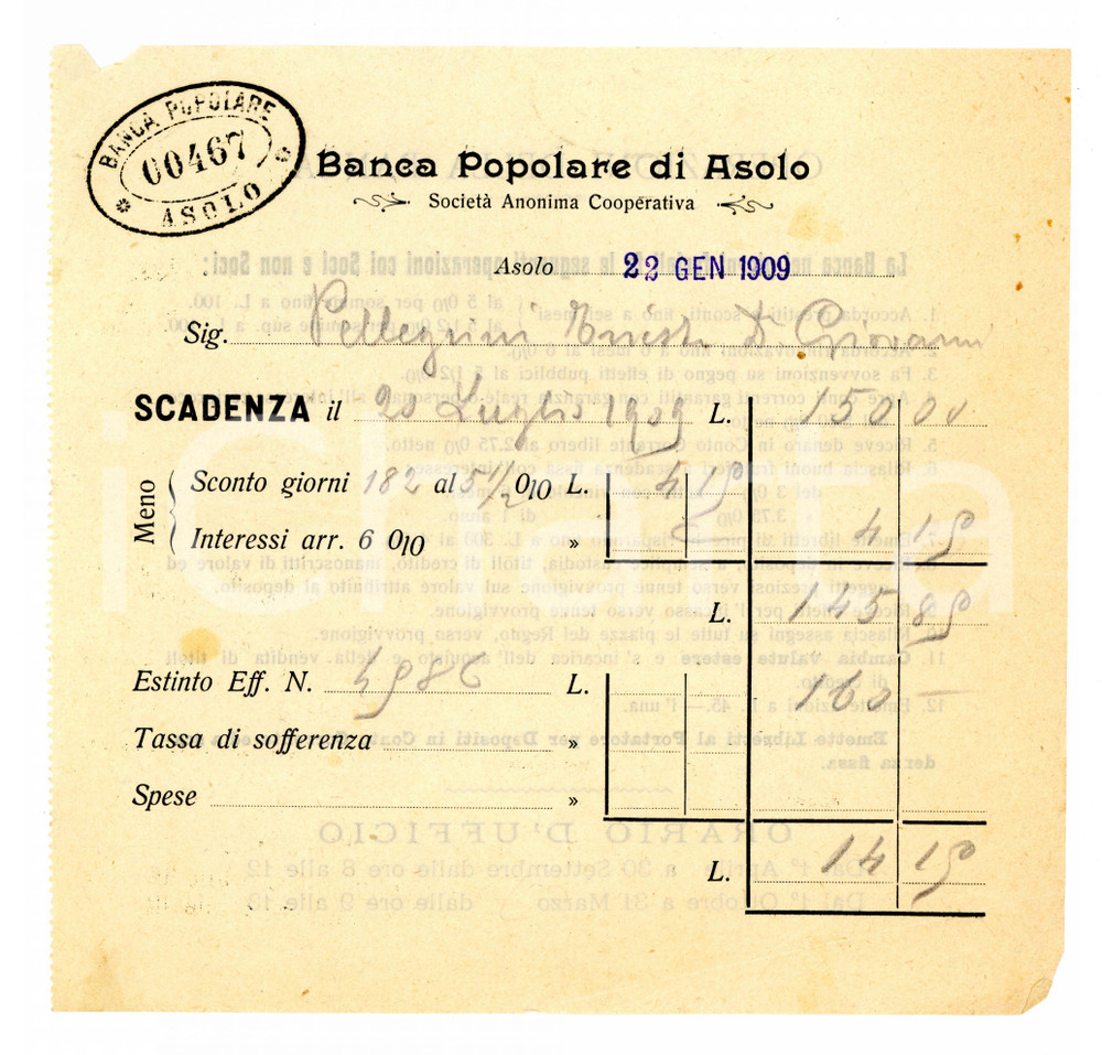 Documento originale, autentico 1909 BANCA POPOLARE DI ASOLO distinta di sconto effetti 1