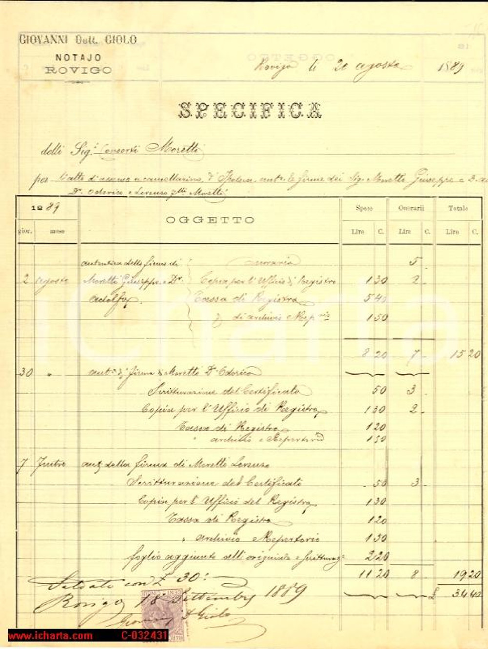 Documento originale, autentico 1889 ROVIGO - FATTURA NOTAIO GIOVANNI GIOLO 1