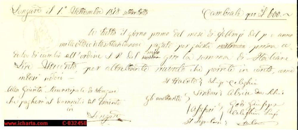 Oggetto da collezione cartaceo 1879 LONGARE (VI) Fac-simile di cambiale d'epoca 1