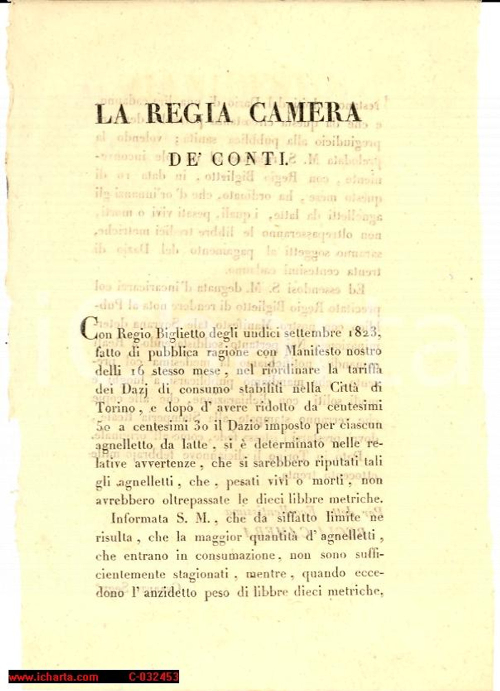 Documento originale, autentico 1830 Torino Camera de' Conti, dazio sugli agnelli 1