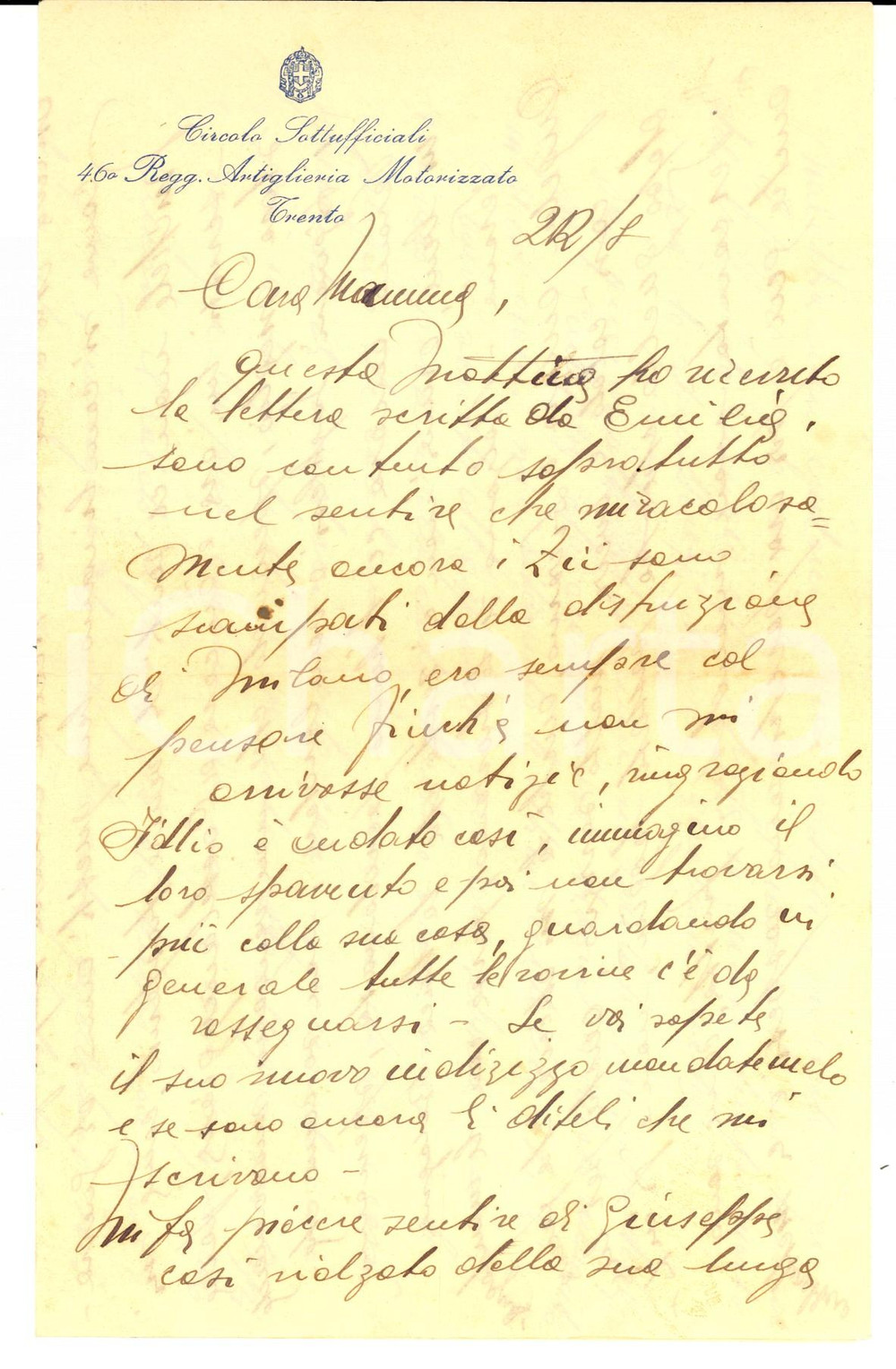 Manoscritto, lettera originale 1942 WW2 46Â° Reggimento Artiglieria TRENTO Lettera sottufficiale alla madre 1