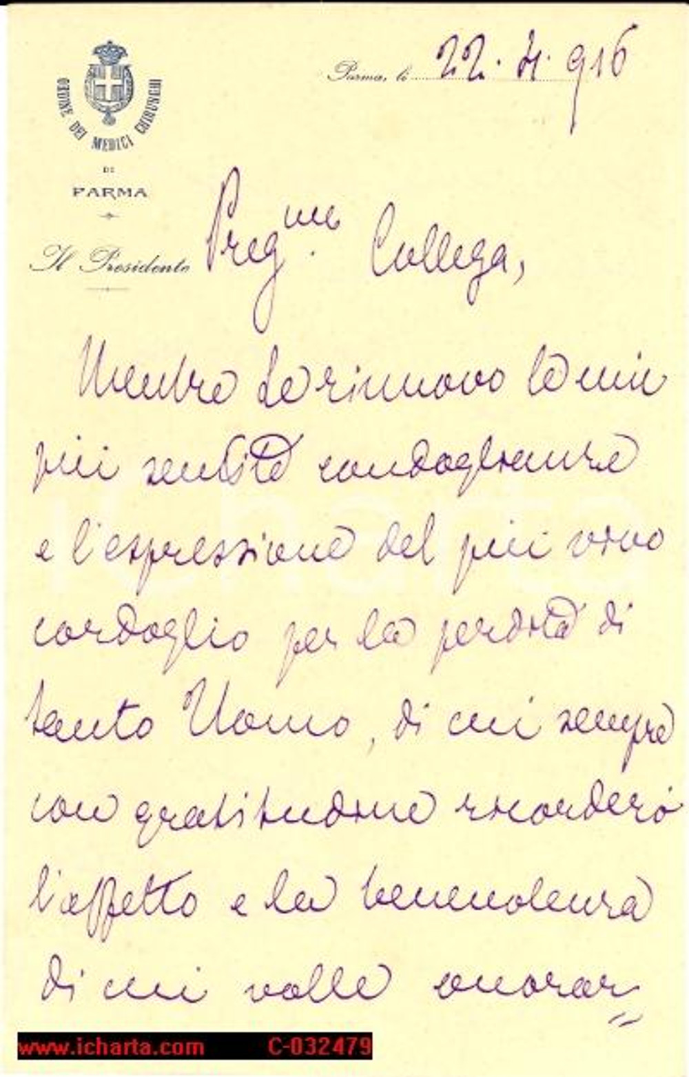 Manoscritto, lettera originale 1916 Lettera autogr. presid. Ordine Medici Parma 1
