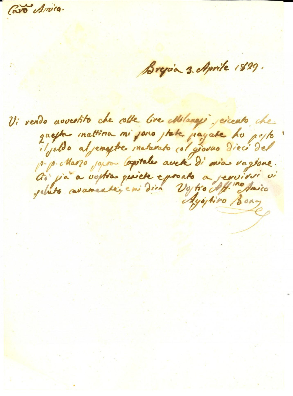 Documento originale, autentico 1829 BRESCIA Ricevuta di Agostino BOVES a Pietro BORGHETTI per saldo semestre 1