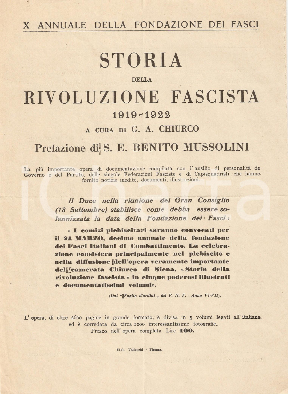 Materiale pubblicitario d’epoca 1929 ROMA Storia Rivoluzione Fascista *Prefazione MUSSOLINI 1