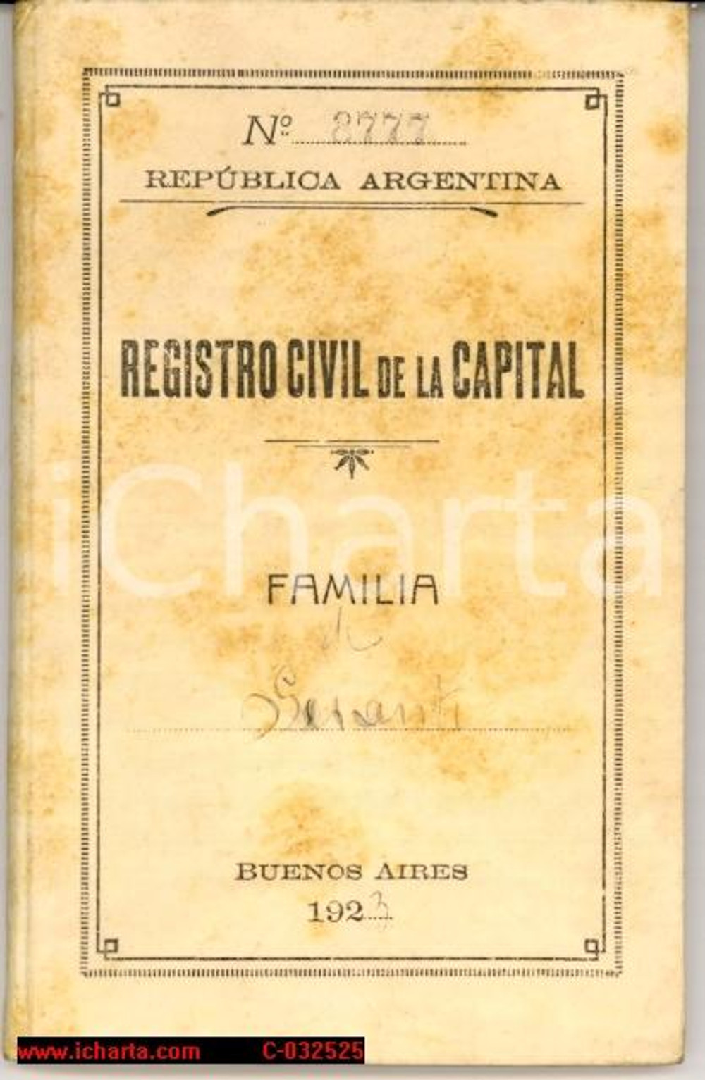 Documento originale, autentico 1923 BUENOS AIRES (ARGENTINA) Registro civil musicista Leonardo Luis GUANTI 1