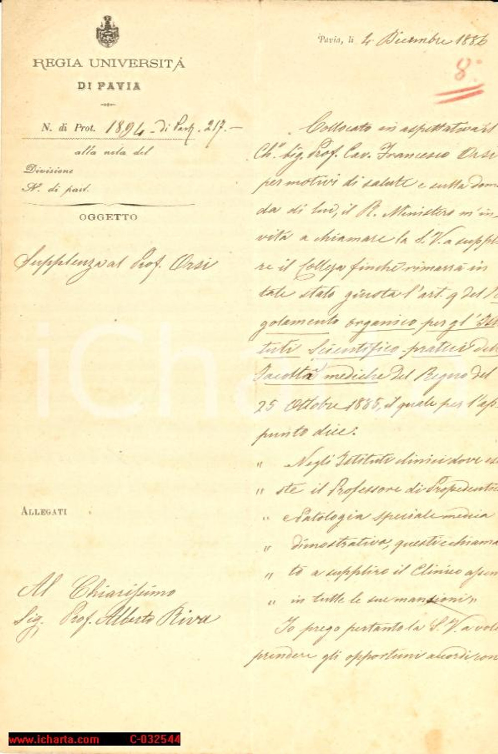 Documento originale, autentico 1886 UniversitÃ  Pavia, supplenza prof. Orsi 1