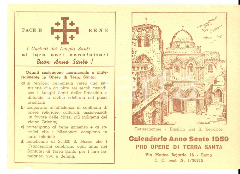 Oggetto da collezione cartaceo 1950 ROMA Calendario ANNO SANTO PRO OPERE DI TERRA SANTA 14x10 cm 1