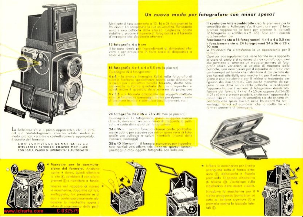 Materiale pubblicitario d’epoca 1960 ca FOTOGRAFIA ROLLEICORD VA Apparecchio 5 formati *Opuscolo pubblicitario 1